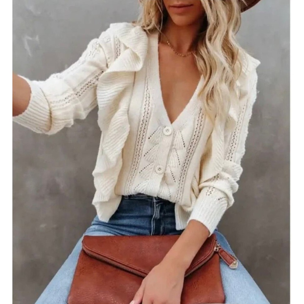 Elan Josalee Button Front Knit Ruffle Cream‎ Cardigan Sweater Small MSRP $160
